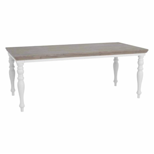 Masa de dining drreptunghiulara Fleur din lemn de pin gri si picioare rotunjite 220 cm