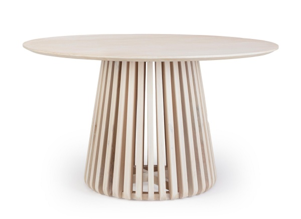 Masă dining rotundă fixă, pentru 6 persoane, din lemn de mango, finisaj nitrocelulozic, natur, diametru 130 cm