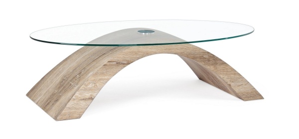 Măsuță de cafea ovală Kenya, blat din sticlă transparentă securizată și picioare din MDF cu efect de lemn, 110x60x33 cm