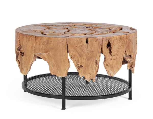 Măsuță de cafea rotundă Grenada, top din rădăcină de tec și bază din oțel, diametru 80 cm, înălțime 45 cm
