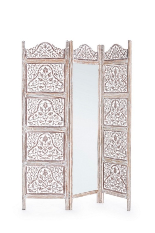 Paravan Alyssia cu oglindă, 3 panouri, sculptat manual, lemn de mango, alb antichizat, 130x2.5x180 cm