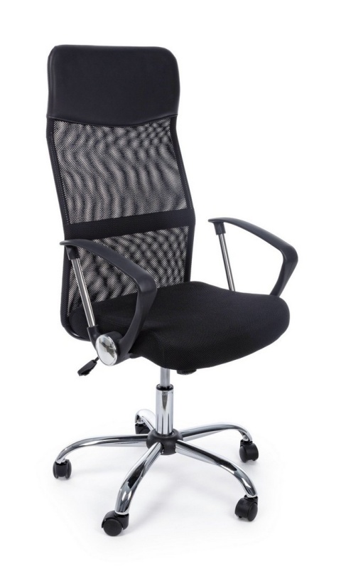 Scaun de birou Dakar, reglabil pe înălțime, cu brațe, din textil și mesh, cu bază metalică cromată, negru, 48x49x114-124 cm