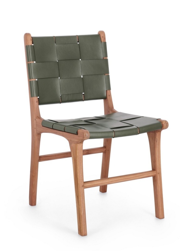 Set 2 scaune Joanna, din lemn de tec și piele naturală, verde, 46 x 59 x 85 cm