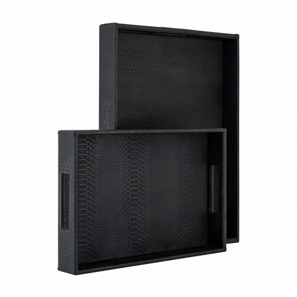 Set 2 tavi patrate pentru servire Blane, negru croc, 38.5x25.5x5.5/46x34x5.5 cm