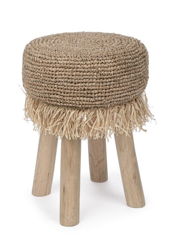Taburet Florinda, din ramuri de lemn de tec, cu șezut împletit din sisal, finisaj natural, diametru 35 cm, înălțime 45 cm