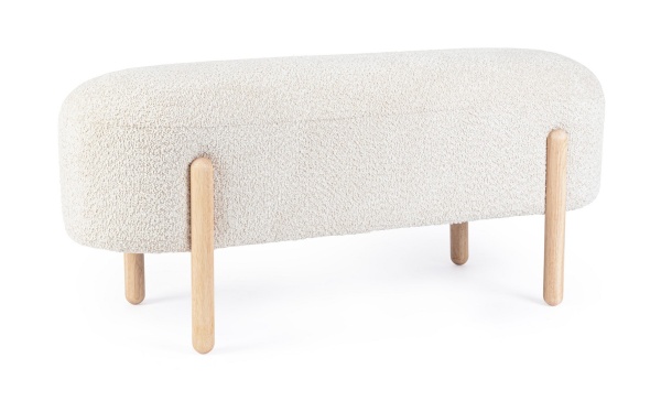 Bancheta tapitata Dayla crem, cu picioare din lemn, tapițerie bouclé, 108x41.5x48 cm