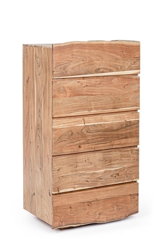 Comodă Aron cu 5 sertare, lucrată manual din lemn de acacia, efect lemn natural, 70x45x130 cm