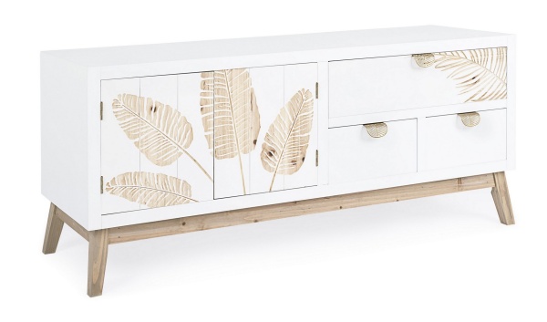 Comodă TV Folium, cu 2 uși și 3 sertare, decor încrustat manual, din lemn de brad și MDF, 120x40x52 cm