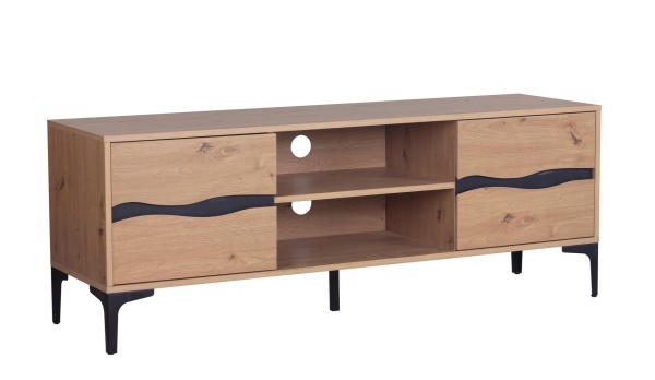 Comodă TV Melys cu picioare metalice, 2 uși, natural și negru, 140x40x52 cm