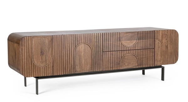 Comodă TV Orissa, lemn masiv de mango și picioare din oțel, 3 uși, 2 sertare, natural, 172x44x55 cm