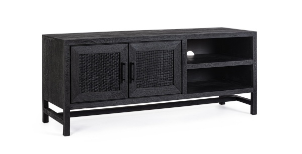 Comodă TV Weston, 130 cm, 2 uși și 2 sertare, din lemn de mango cu inserții din ratan, 130x40x55 cm
