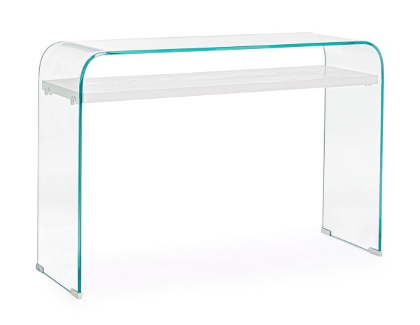 Consolă modernă cu 2 rafturi, blat din sticlă și raft MDF cu efect lemn alb, 110x35x75 cm