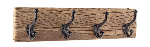 Cuier de perete cu 4 cârlige, din lemn reciclat, finisaj natural, 54x14x13 cm