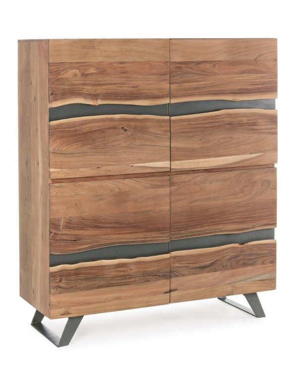 Dulapior Aron, cu 4 uși și inserții metalice, din lemn de acacia și oțel, 118x45x138 cm