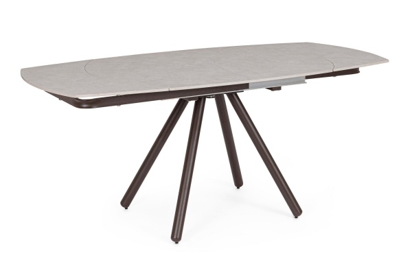 Masa dining Raita, 4-6 persoane, extensibilă, cu blat din gresie porțelanată efect marmură gri deschis și bază din oțel vopsit epoxidic ruginiu, 119-178x89.4 cm