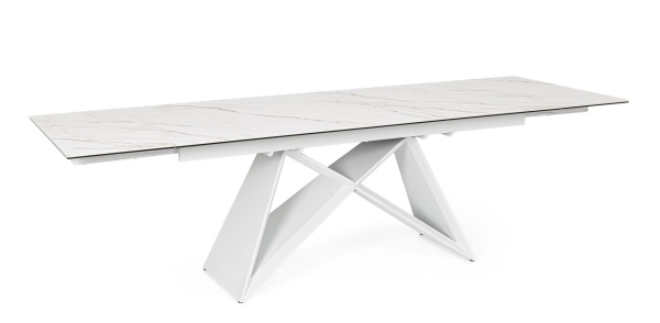 Masă extensibilă pentru 8-10 persoane, cu blat din ceramică și sticlă securizată, picioare din oțel, 180-260x90x76 cm