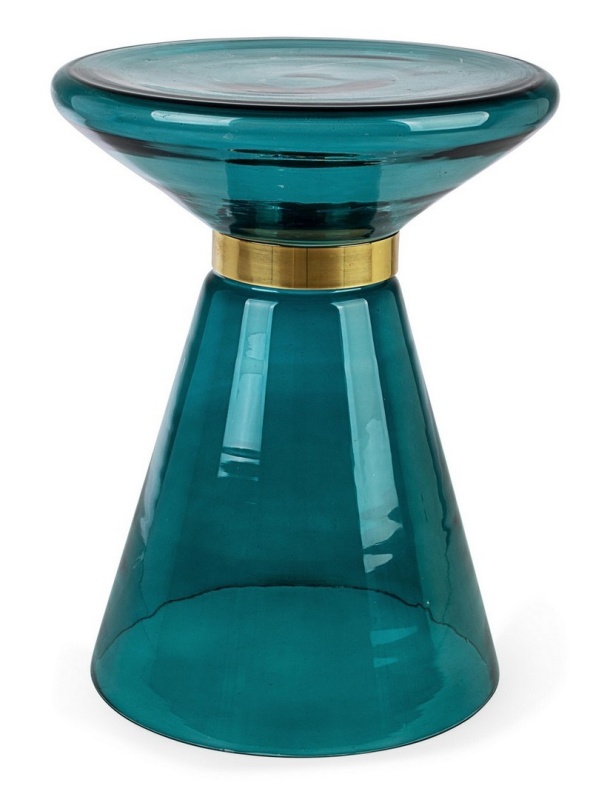 Măsuță de cafea Azmin, rotundă, din sticlă petrol și oțel auriu, diametru 36 cm, 36x46 cm