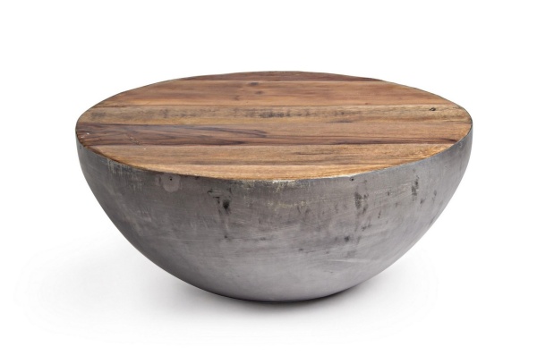 Măsuță de cafea Lancaster, rotundă, diametru 70 cm, din lemn reciclat și oțel, gri, 70x32 cm