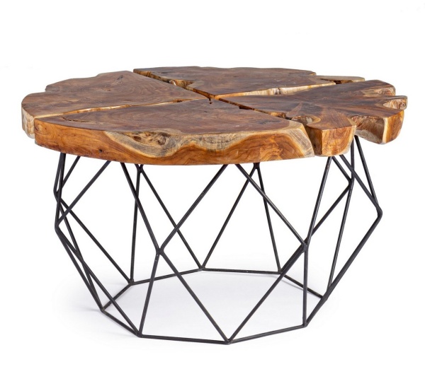 Măsuță de cafea rotundă, cu blat din rădăcini de tec cu finisaj natural și picioare din oțel, 80 x 40 cm