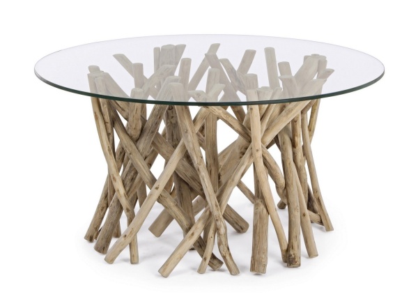 Măsuță de cafea Samira, rotundă, diametru 80 cm, din crengi de tec cu blat din sticlă securizată, finisaj natural, 80x40 cm