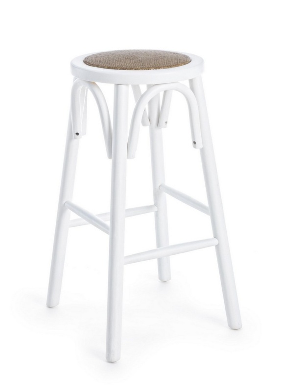 Scaun de bar rotund, din lemn de ulm cu șezut din ratan natural, alb, diametru 40 cm, înălțime 73 cm