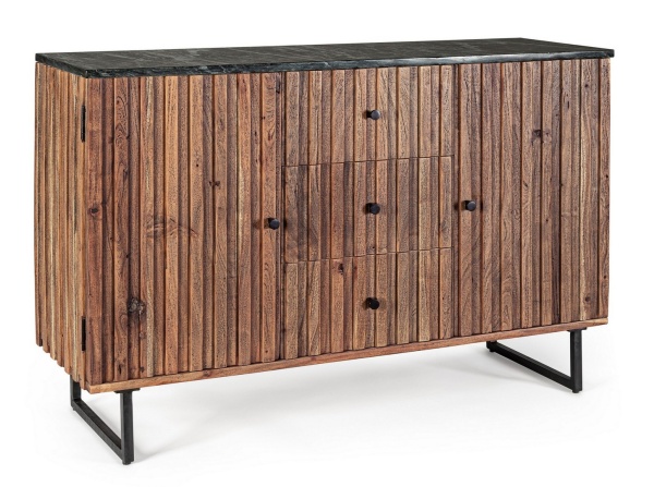 Servanta Norfolk stil vintage, cu 2 uși și 3 sertare, din lemn de acacia, cu blat de marmură și picioare din oțel, 120 x 38 x 85 cm