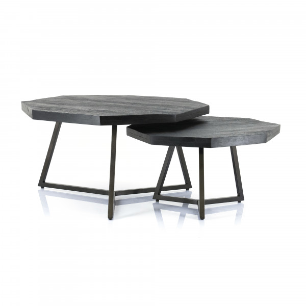 Set 2 masute de cafea octagonale din lemn de mango 60x60x35 cm negre