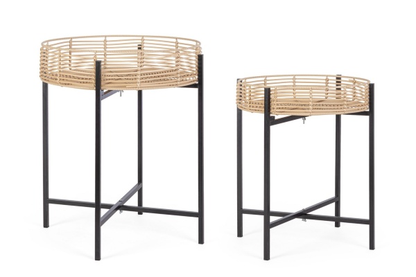 Set 2 Măsuțe de cafea Rendy, rotunde, din poliratan natural și metal negru