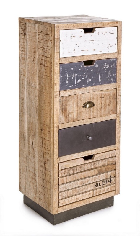Comodă Tudor cu 5 sertare, din lemn de mango și oțel, 45x35x110 cm