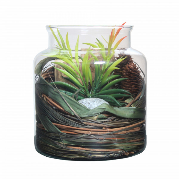 Decoratiune din sticla Flora cu flori uscate, verde
