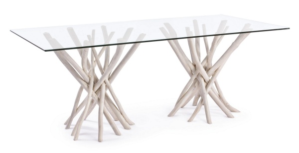 Masă dining Sahel, 200x100 cm, cu bază din crengi de tec și blat din sticlă securizată, finisaj alb spălăcit