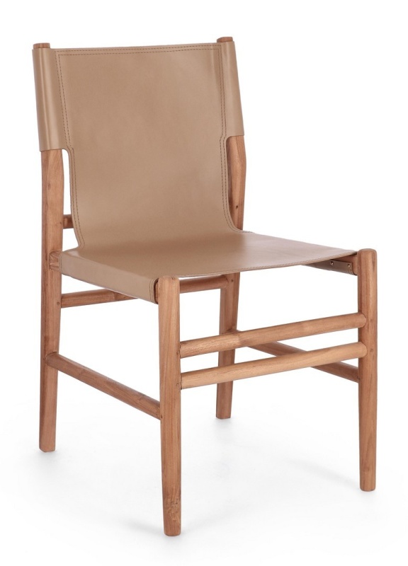 Scaun Caroline, din lemn de tec și piele naturală, Taupe, 48x58x85 cm