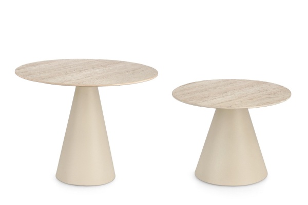 Set 2 măsuțe de cafea Hardy, rotunde, cu blat din ceramică efect travertin și bază metalică, diametre 50 cm și 60 cm