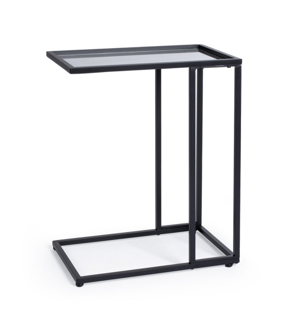 Set de 2 Măsuțe laterale dreptunghiulare, cu blat din sticlă și cadru din oțel vopsit epoxidic negru, 48x30x60 cm
