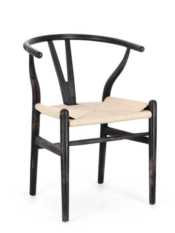 Set de 2 Scaun din lemn de fag cu șezut împletit, natural/negru, 50 x 49.5 x 77 cm