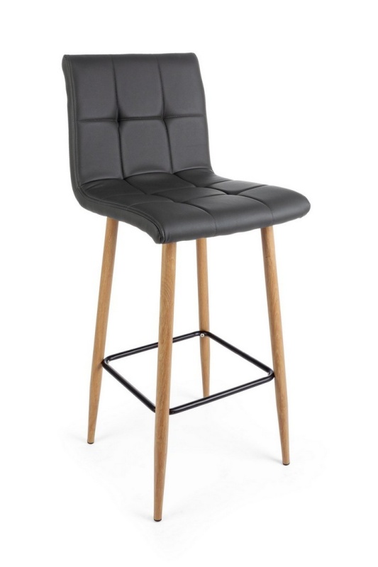 Set de 2 scaune de bar din piele ecologică, cu picioare din oțel cu aspect de lemn, gri închis, 46x40x108 cm