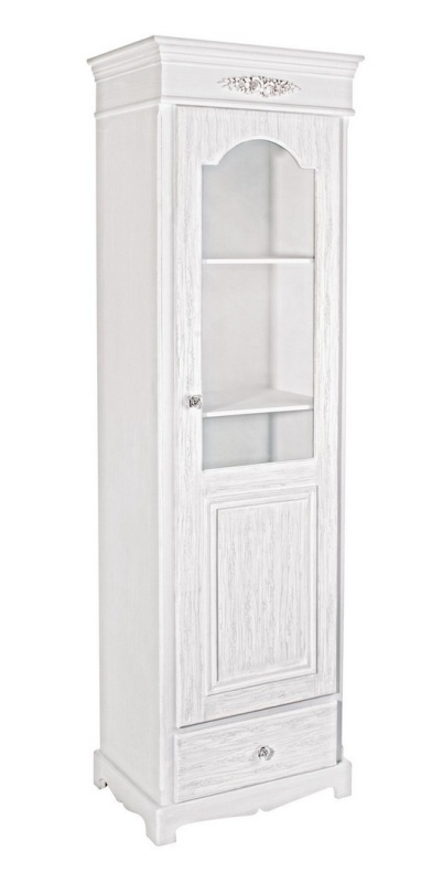 Vitrină Blanc, cu 1 ușă și 1 sertar, din MDF, finisaj alb mat cu efect albit, 50x34x170 cm