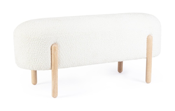 Bancheta tapitata Dayla albă, cu picioare din lemn, tapițerie bouclé, 108x41.5x48 cm