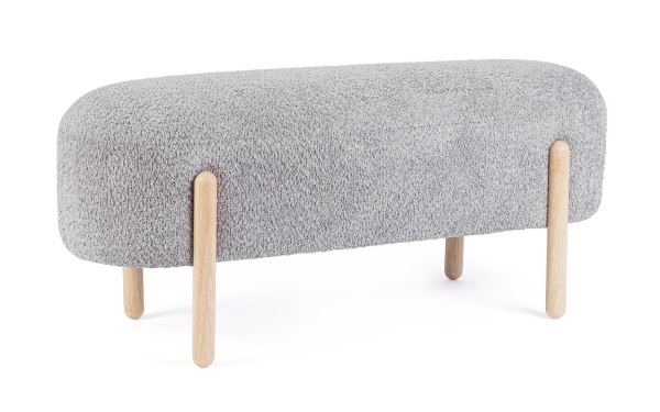 Bancheta tapitata Dayla, cu picioare din lemn, tapițerie bouclé, gri deschis, 108x41.5x48 cm