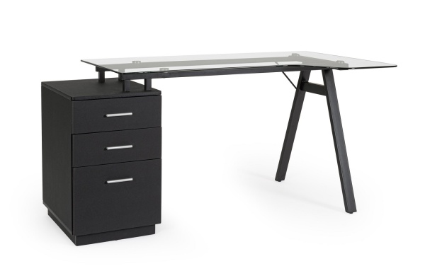 Birou Charlie cu corp de sertare, cadru metalic și blat din sticlă, negru, 150.5x80x75 cm