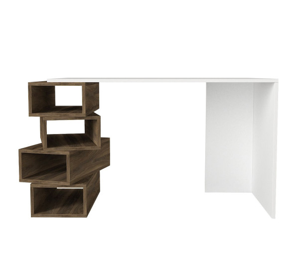 Birou cu rafturi din pal melaminat Jenga nuc si alb 130 cm