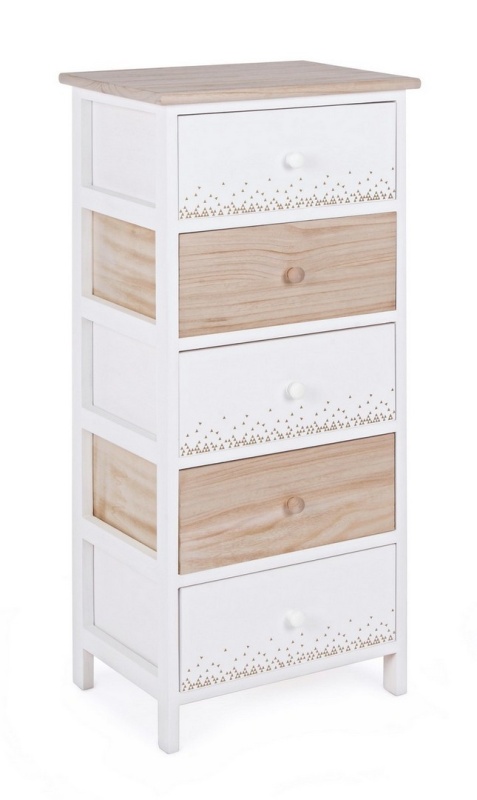 Comodă Ally cu 5 sertare, din lemn de Paulownia și MDF, alb și natural, 40x29x90 cm