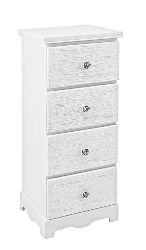 Comodă cu 4 sertare, finisaj alb mat cu efect albit, 31,5x26x80 cm