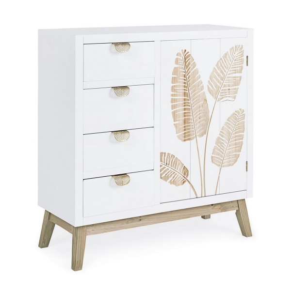 Comoda Folium cu 1 ușă și 4 sertare, din lemn de brad cu decor încrustat manual, 75x30x80 cm