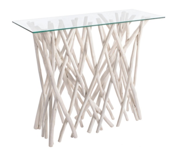 Consolă Sahel din crengi de tec cu finisaj alb antichizat și blat din sticlă, 100x40x80 cm