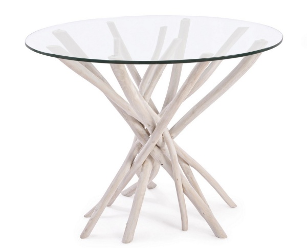 Masă dining rotundă Sahel, diam. 110 cm, cu bază din crengi de tec și blat din sticlă securizată, finisaj alb spălăcit