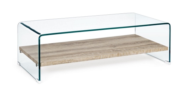 Măsuță de cafea dreptunghiulară Kenya, cu 2 polițe, blat din sticlă transparentă și raft MDF, 110x55x35 cm