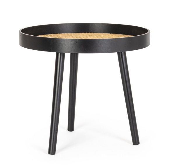 Măsuță de cafea JOSINE, rotundă, blat MDF cu inserții de ratan și picioare din lemn de pin, neagră, diametru 50 cm