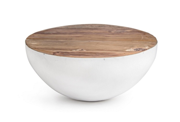 Măsuță de cafea Lancaster, rotundă, diametru 70 cm, din lemn reciclat și oțel, alb, 70x32 cm