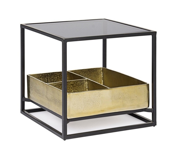 Măsuță de cafea Mavila, cu spațiu de depozitare, metal și sticlă securizată, finisaj antichizat, 42x42x40 cm